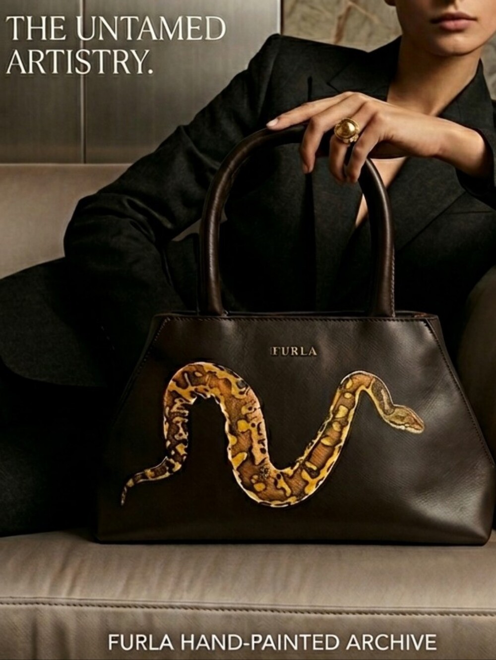 RARE Furla Hand-Painted Snake  Embossed Leather Satchel